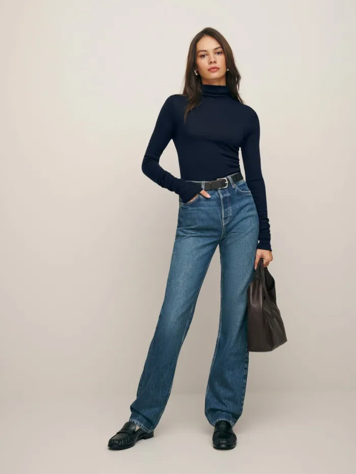 Reformation Sweaters Faith Regenerative Merino Fitted Turtleneck Navy 8211 Women