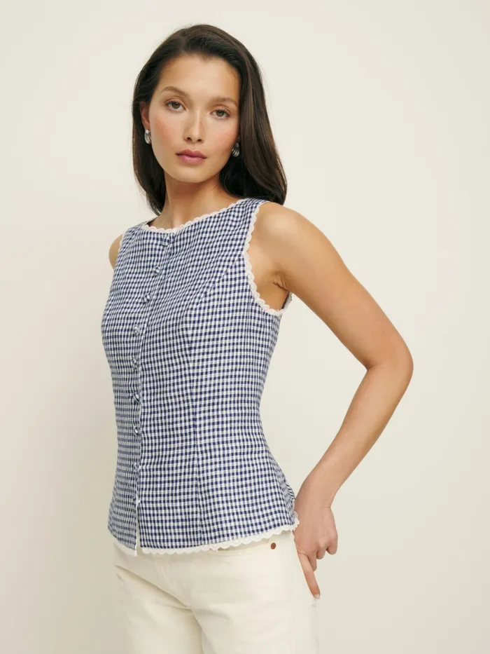 Reformation Tops Amela Linen Top Challah Check 8211 Women Reformation Tops Amela Linen Top Challah Check 8211 Women