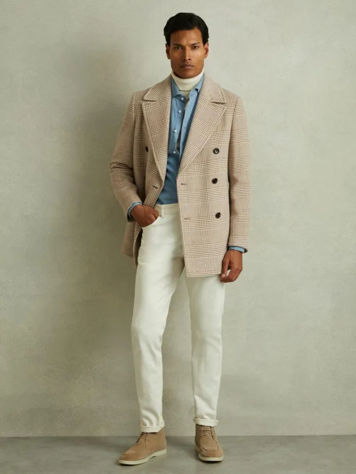 REISS Coats and Jackets Men Wool Blend Double Breasted Peacoat Oatmeal Check