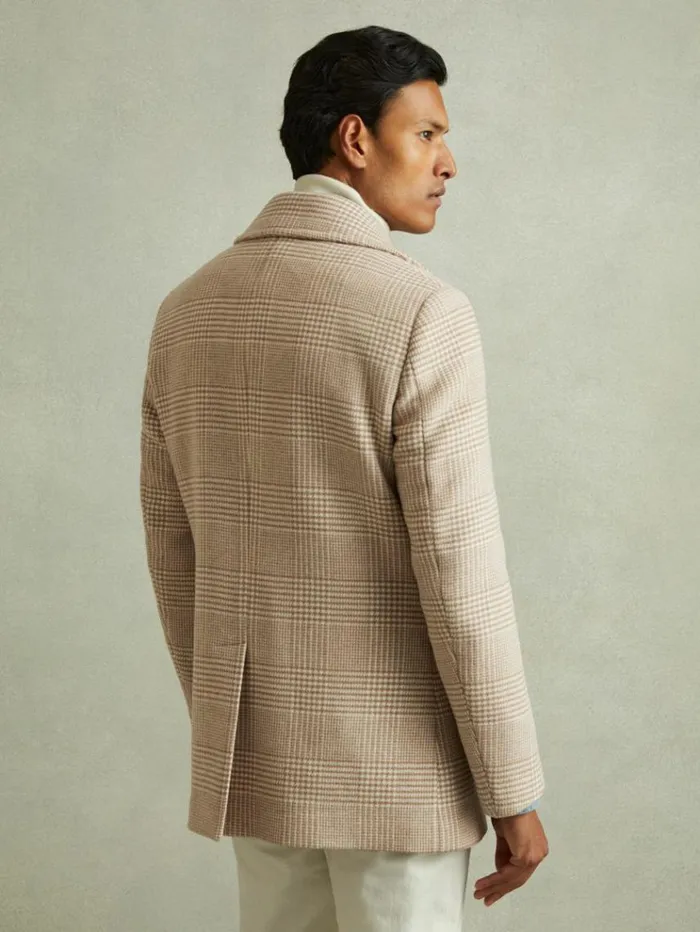REISS Coats and Jackets Men Wool Blend Double Breasted Peacoat Oatmeal Check