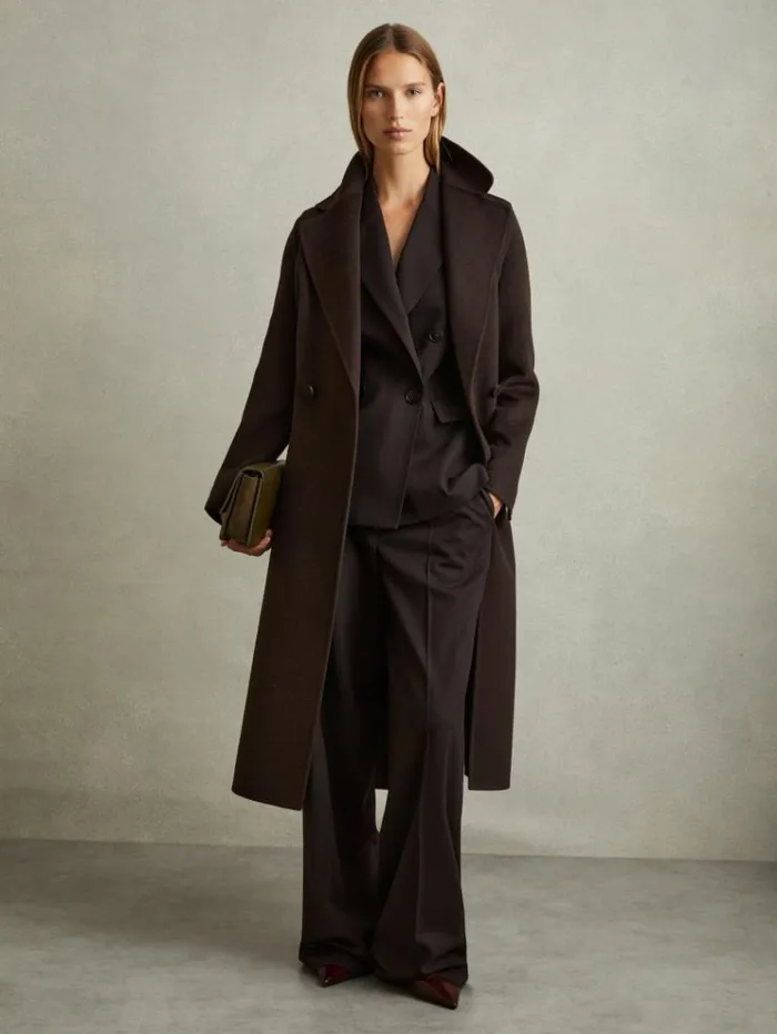 REISS Coats and Jackets Women Wool Blend Double Breasted Blindseam Coat Chocolate