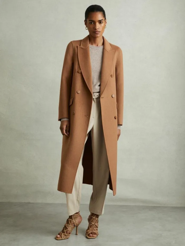 REISS Coats and Jackets Women Wool Blend Double Breasted Blindseam Coat Toffee