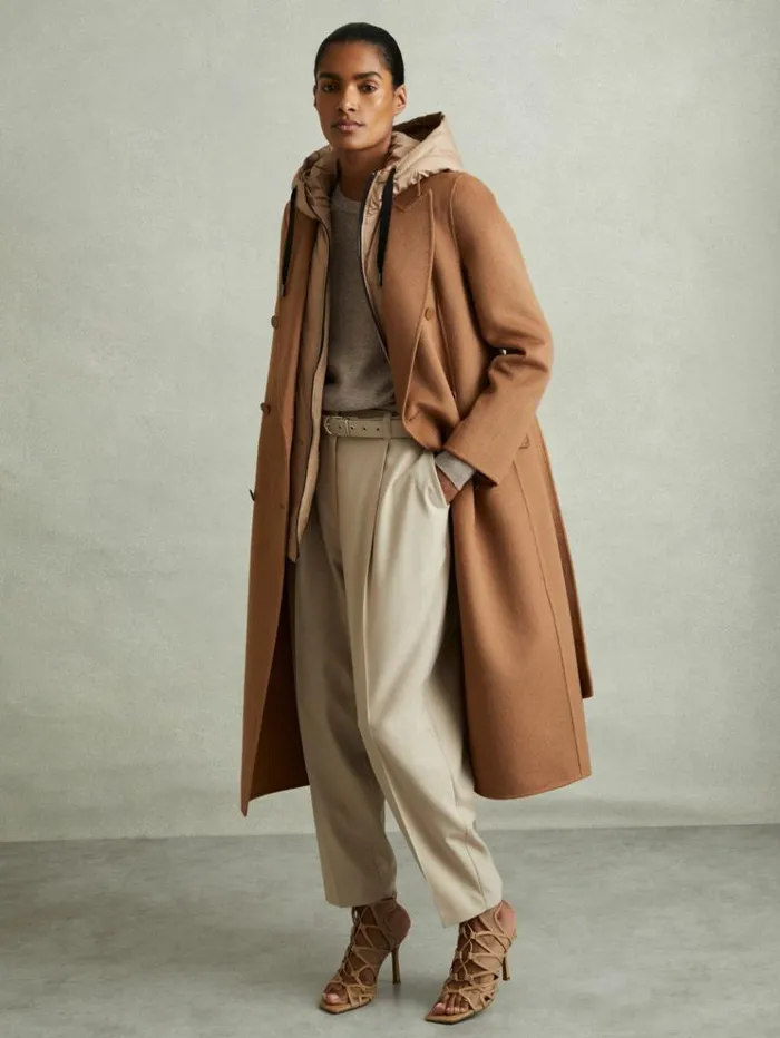 REISS Coats and Jackets Women Wool Blend Double Breasted Blindseam Coat Toffee