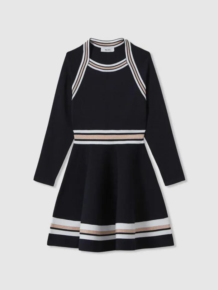 REISS Dresses Children Sparkle Trim Knitted Skater Dress Navy