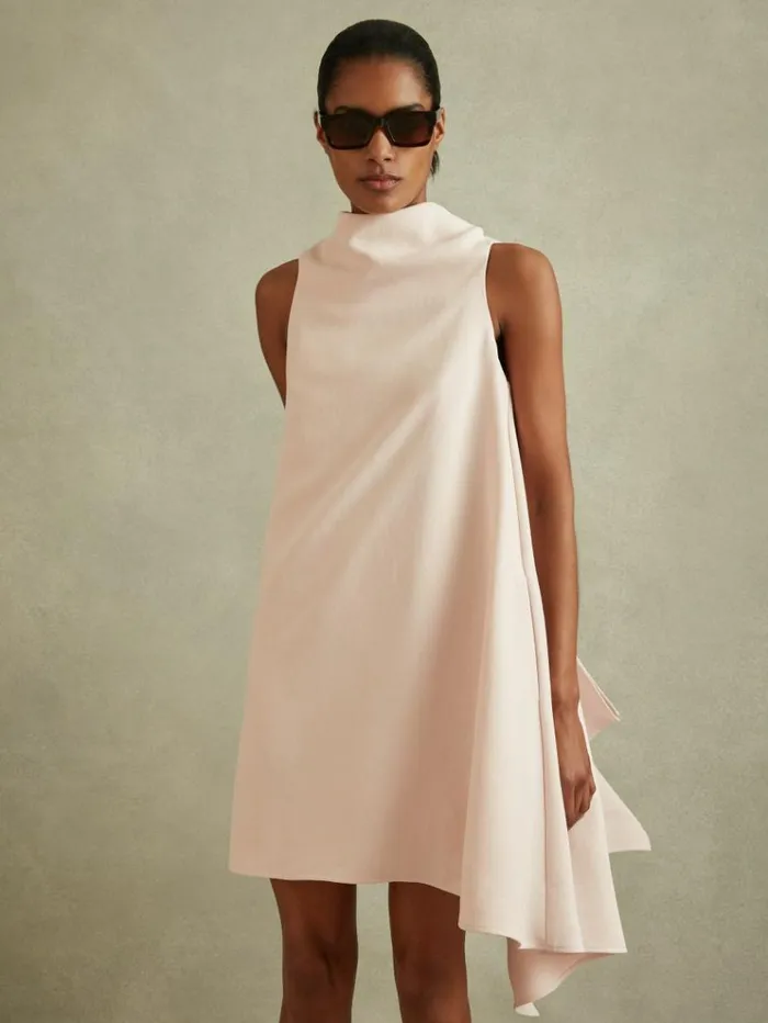 REISS Dresses Women HighNeck Drape Back Mini Dress Nude