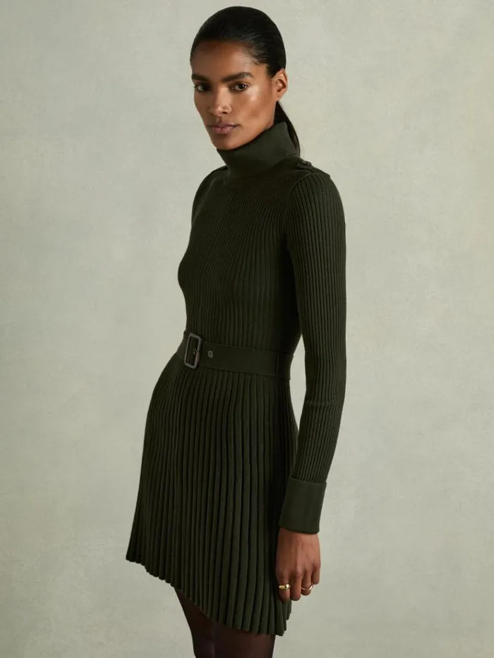 REISS Dresses Women RollNeck Ribbed Mini Dress Khaki