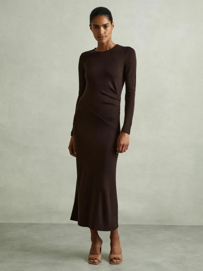 REISS Dresses Women Wool Ruche Detail Midi Dress Berry