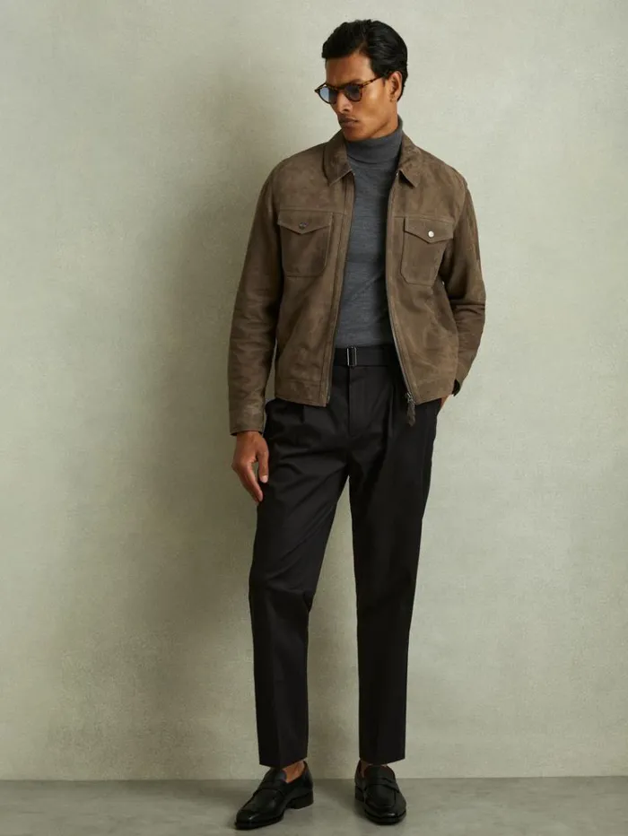 REISS Leather and Suede Jackets Men Suede Zip Through Trucker Jacket Light Charcoal Grey