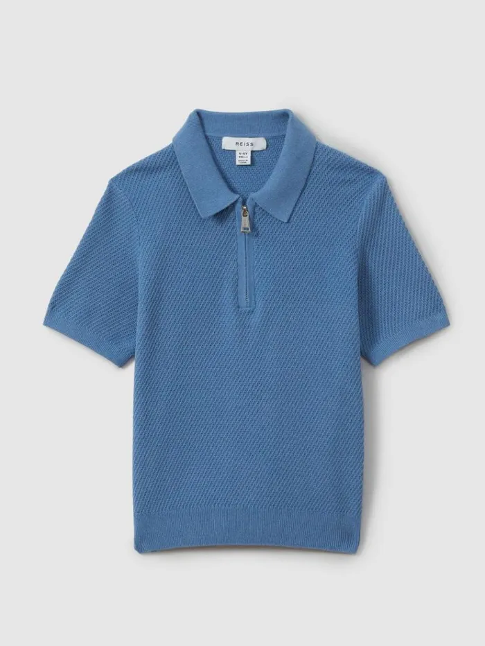 REISS Polo Shirts Children Textured Half Zip Neck Polo Shirt Blue