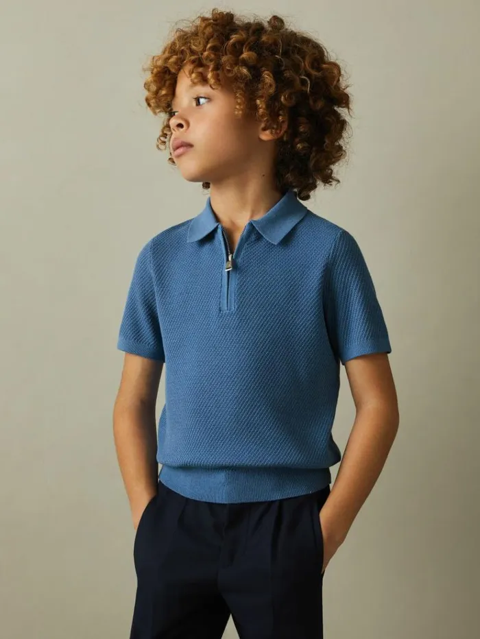 REISS Polo Shirts Children Textured Half Zip Neck Polo Shirt Blue