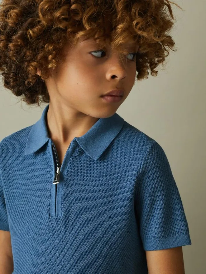 REISS Polo Shirts Children Textured Half Zip Neck Polo Shirt Blue