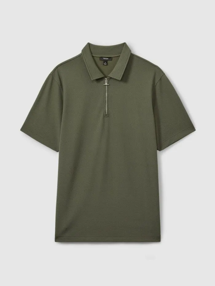 REISS Polo Shirts Men Textured ZipNeck Polo Shirt Green Smoke