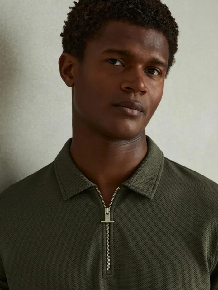 REISS Polo Shirts Men Textured ZipNeck Polo Shirt Green Smoke