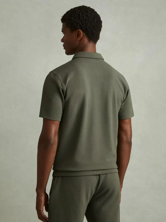 REISS Polo Shirts Men Textured ZipNeck Polo Shirt Green Smoke
