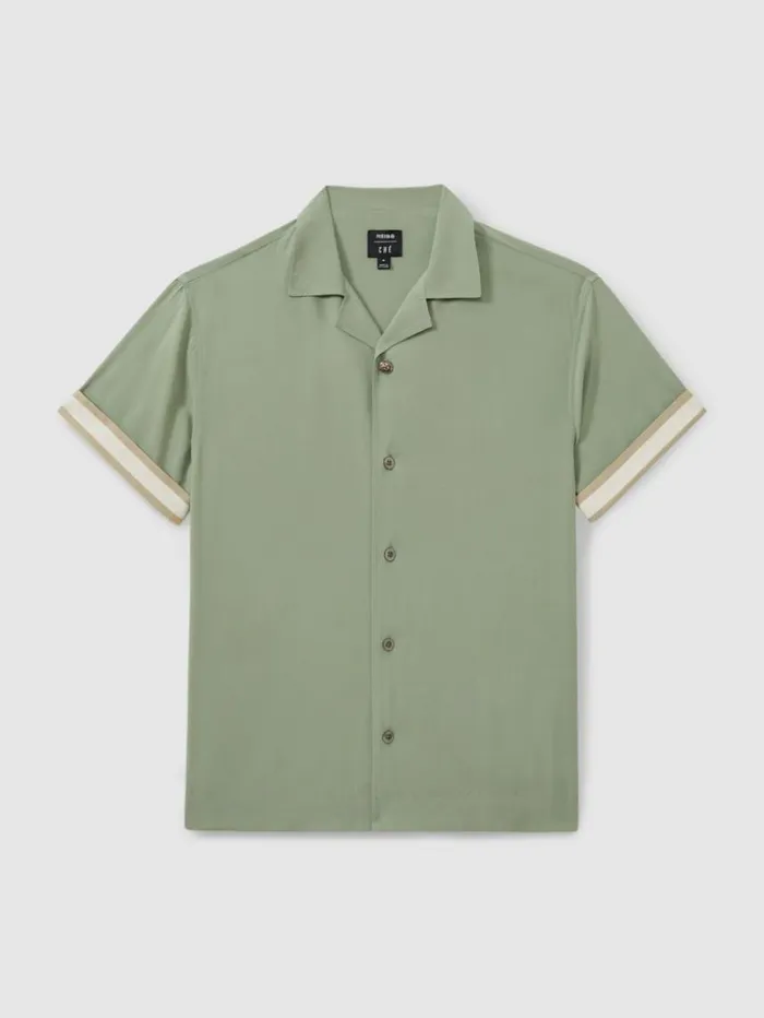 REISS Shirts Men Ch Cuff Detail Cuban Collar Shirt Sage Green