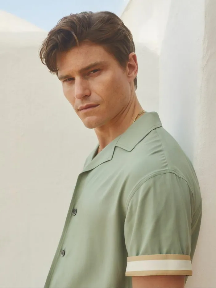 REISS Shirts Men Ch Cuff Detail Cuban Collar Shirt Sage Green