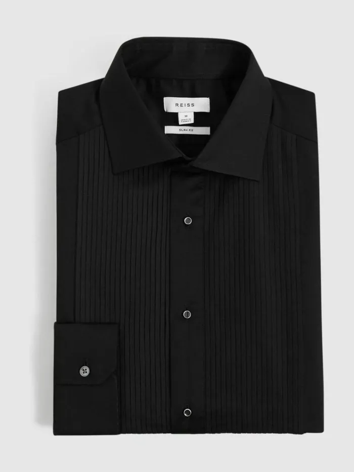 REISS Shirts Men Slim Fit Cotton Marcella Tuxedo Shirt Black