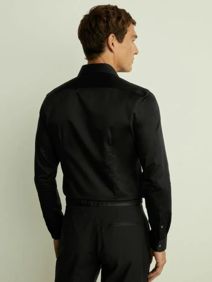 REISS Shirts Men Slim Fit Cotton Marcella Tuxedo Shirt Black