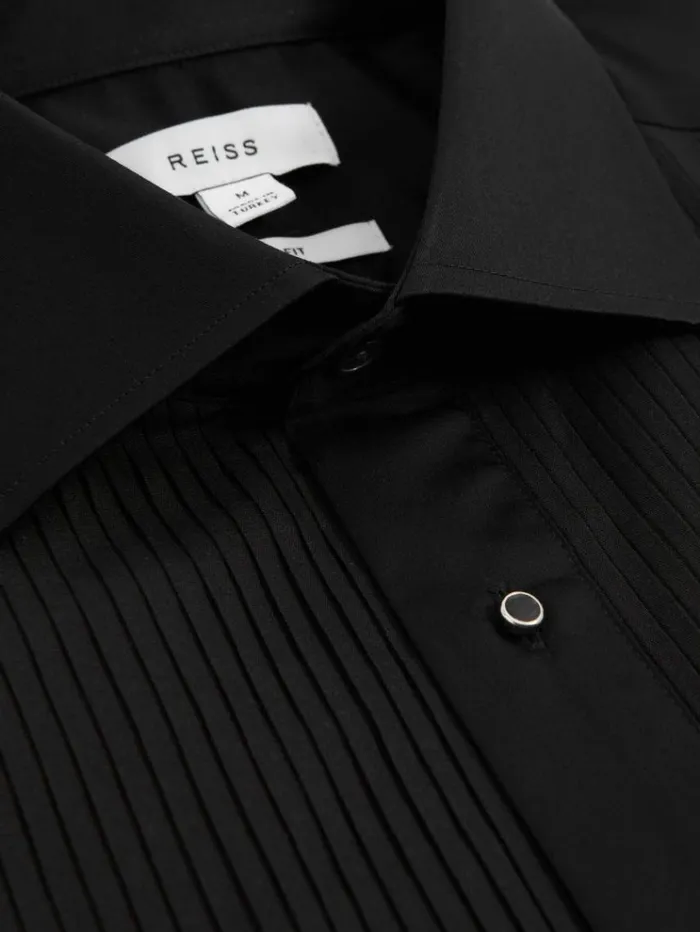 REISS Shirts Men Slim Fit Cotton Marcella Tuxedo Shirt Black