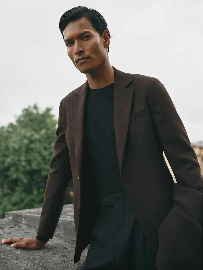 REISS Suits and Tailoring Men Slim Fit Textured Wool Blend Single Breasted Blazer Chocolate Brown REISS Suits and Tailoring Men Slim Fit Textured Wool Blend Single Breasted Blazer Chocolate Brown