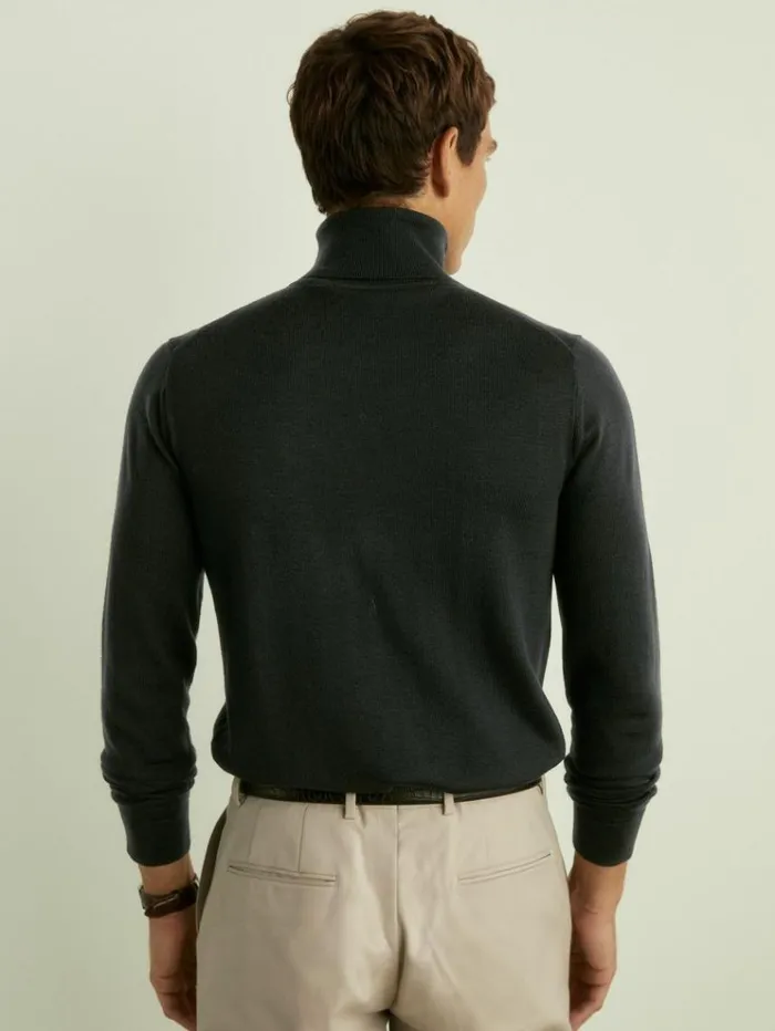 REISS Sweaters Men Merino Roll Neck Jumper Dark Military Green