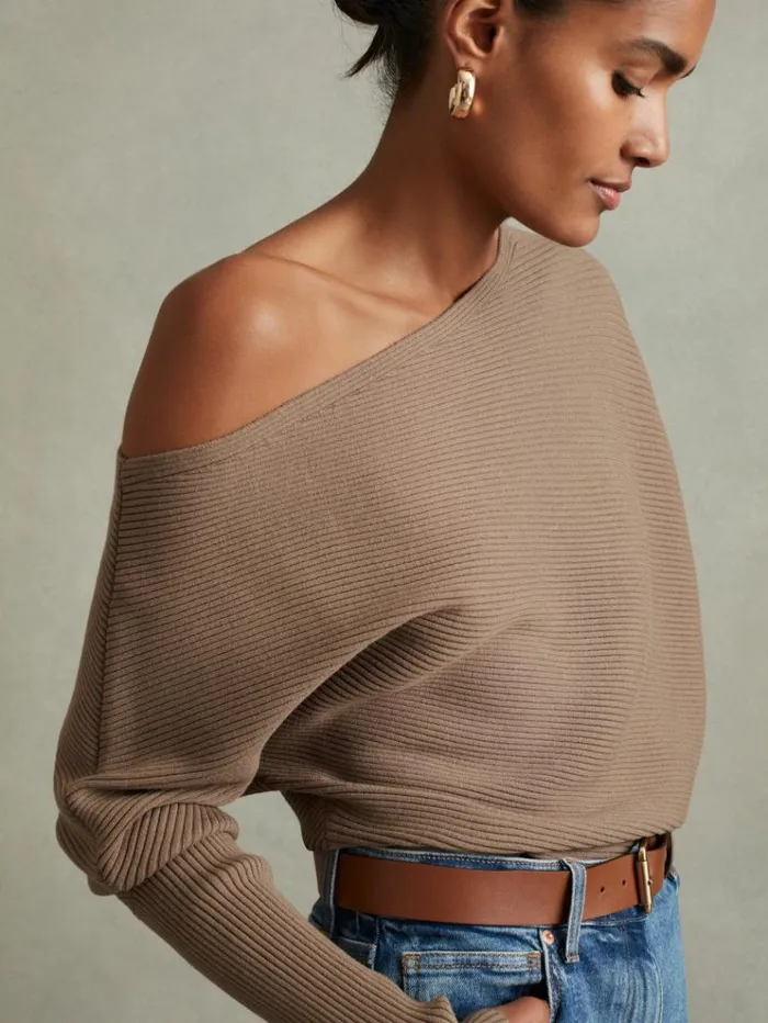 REISS Sweaters Women Asymmetric Draped Knitted Jumper Mink