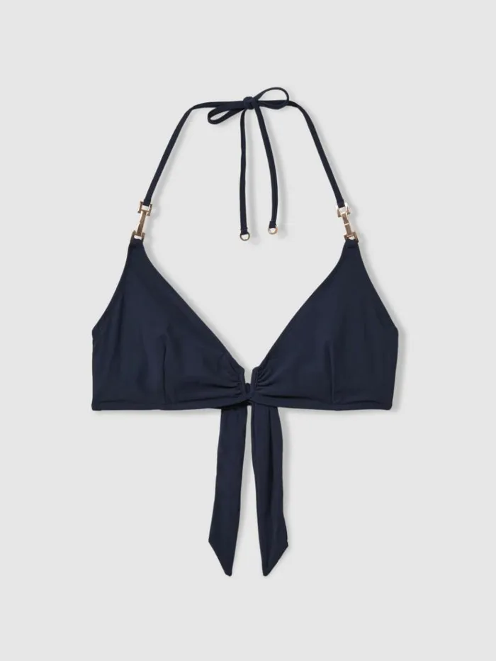 REISS Swimwear Women Snake Print Triangle Halter Neck Bikini Top Navy