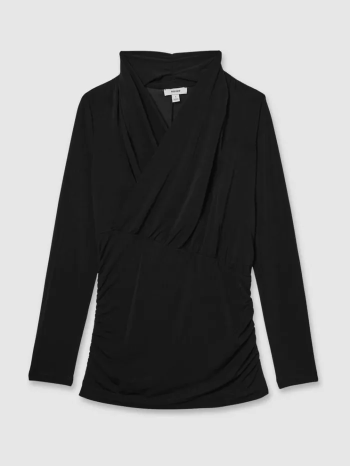 REISS Tops Women Mesh WrapNeck Ruched Top Black