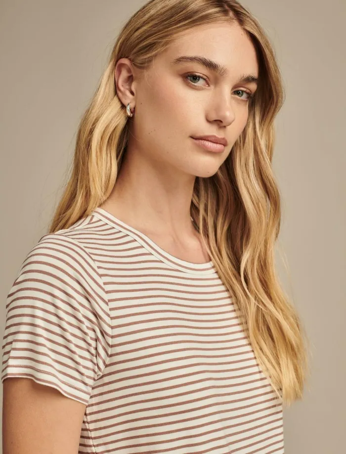 Relaxed Crew Neck Tee Cream Brown Combo Women Lucky Brand Knit Tops