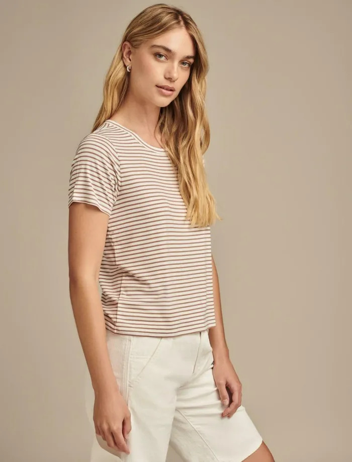 Relaxed Crew Neck Tee Cream Brown Combo Women Lucky Brand Knit Tops