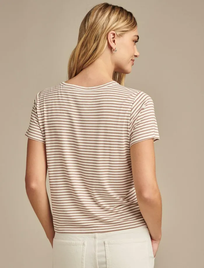 Relaxed Crew Neck Tee Cream Brown Combo Women Lucky Brand Knit Tops