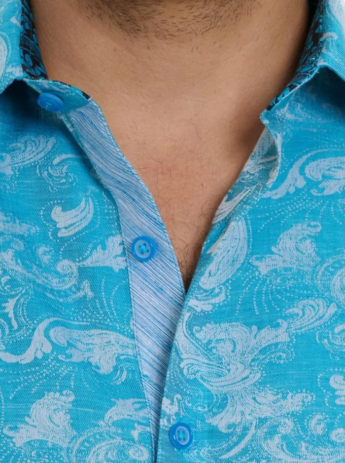 Robert Graham Button Down Shirts Men Poseidon Short Sleeve Button Down Shirt Turquoise