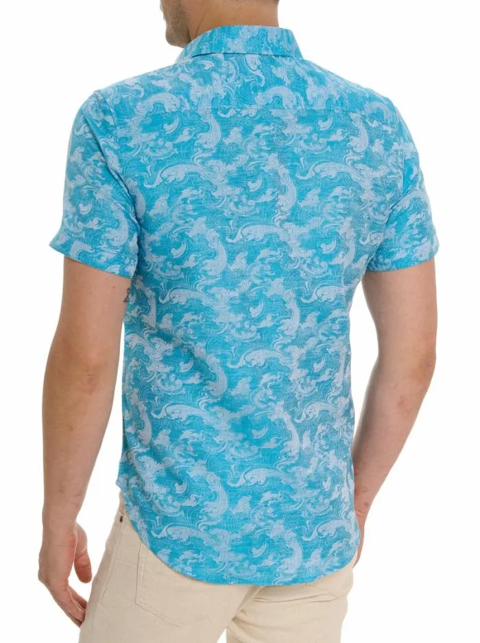 Robert Graham Button Down Shirts Men Poseidon Short Sleeve Button Down Shirt Turquoise