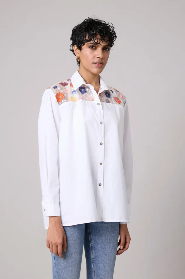 Scarlet Sage Tops Eloise Sequence Flower Shirt 8211 Bright White 8211 Women