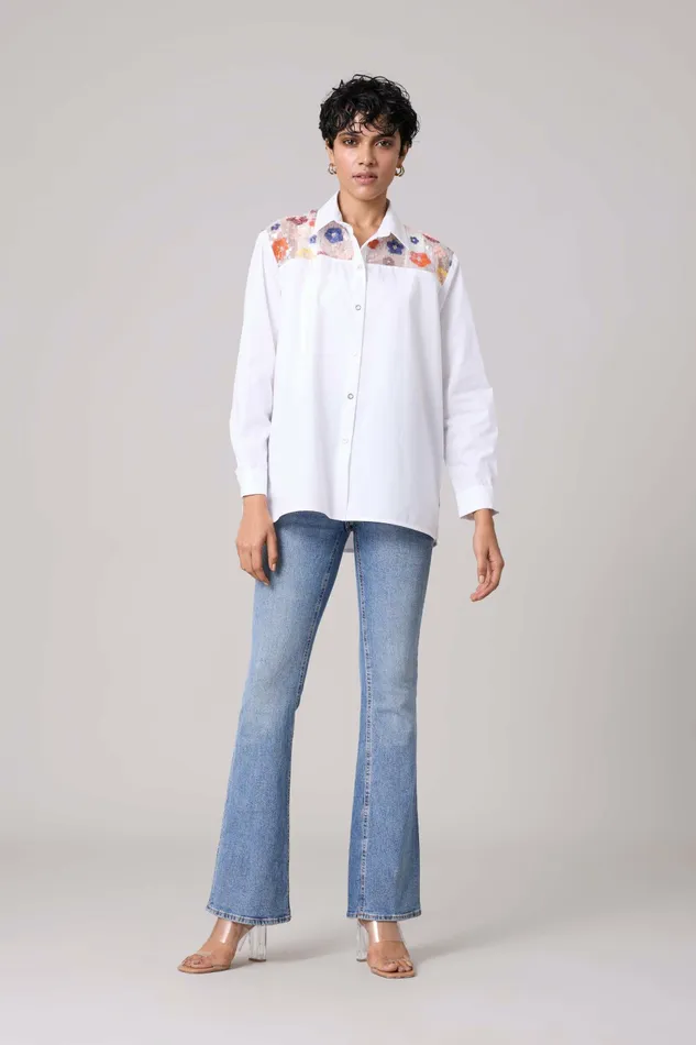 Scarlet Sage Tops Eloise Sequence Flower Shirt 8211 Bright White 8211 Women