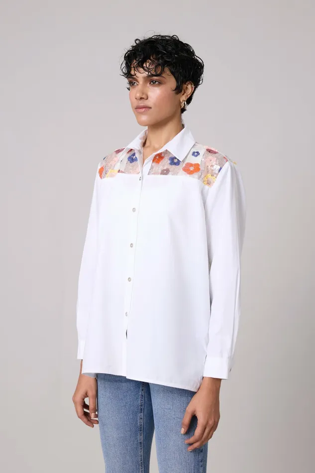 Scarlet Sage Tops Eloise Sequence Flower Shirt 8211 Bright White 8211 Women