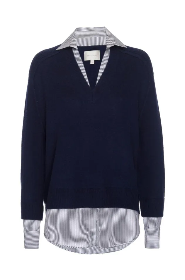 Shop Brochu Walker Sweaters The Looker Layered VNeck Navy With Stripe Woven Underlayer
