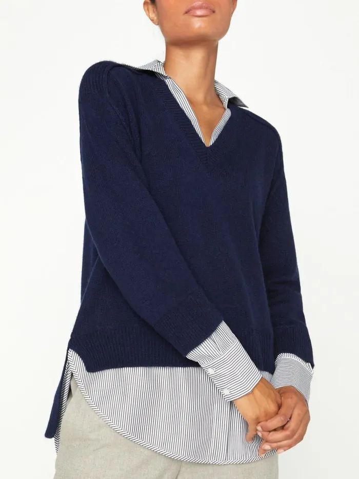 Shop Brochu Walker Sweaters The Looker Layered VNeck Navy With Stripe Woven Underlayer