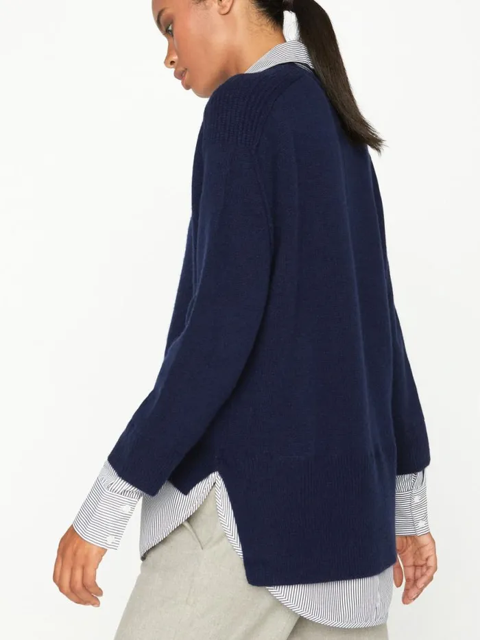 Shop Brochu Walker Sweaters The Looker Layered VNeck Navy With Stripe Woven Underlayer