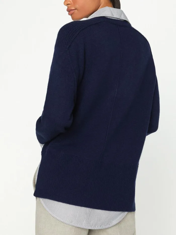 Shop Brochu Walker Sweaters The Looker Layered VNeck Navy With Stripe Woven Underlayer