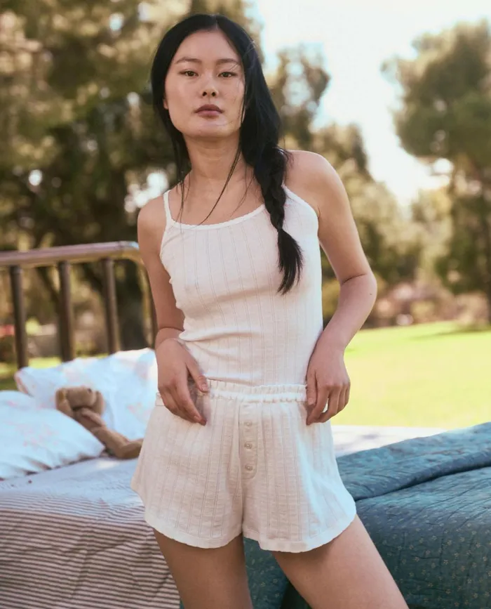 Sleep Tops Women The Great The Pointelle Scallop Sleep Tank White