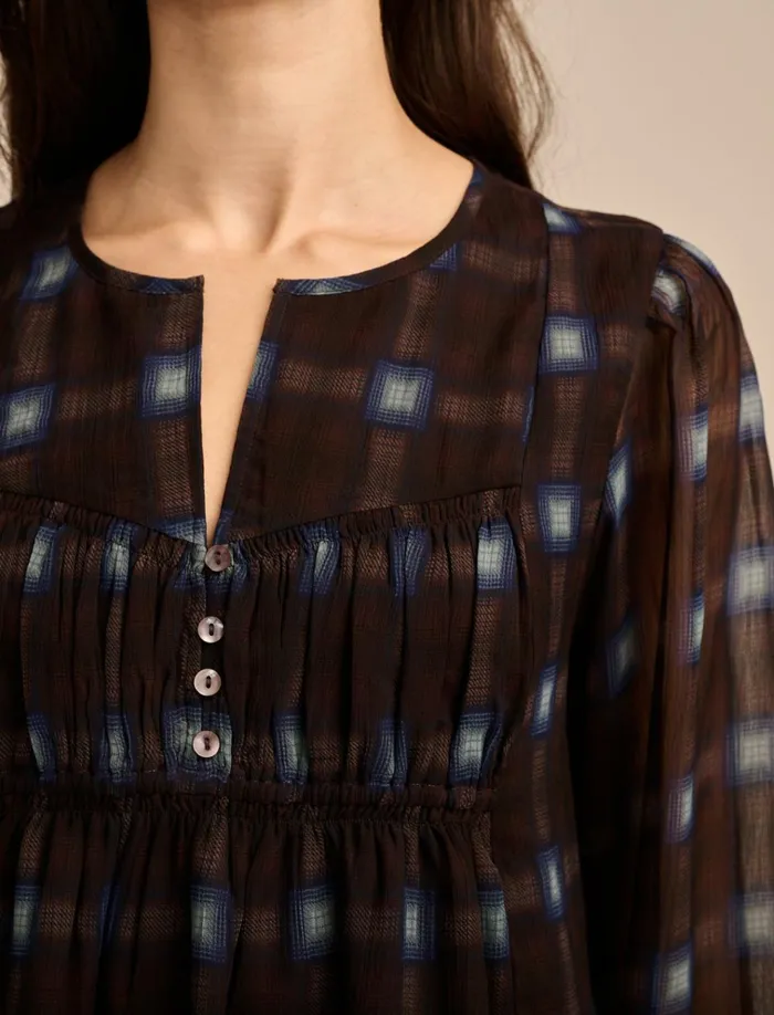 Smocked Long Sleeve Top Brown Plaid Women Lucky Brand Blouses