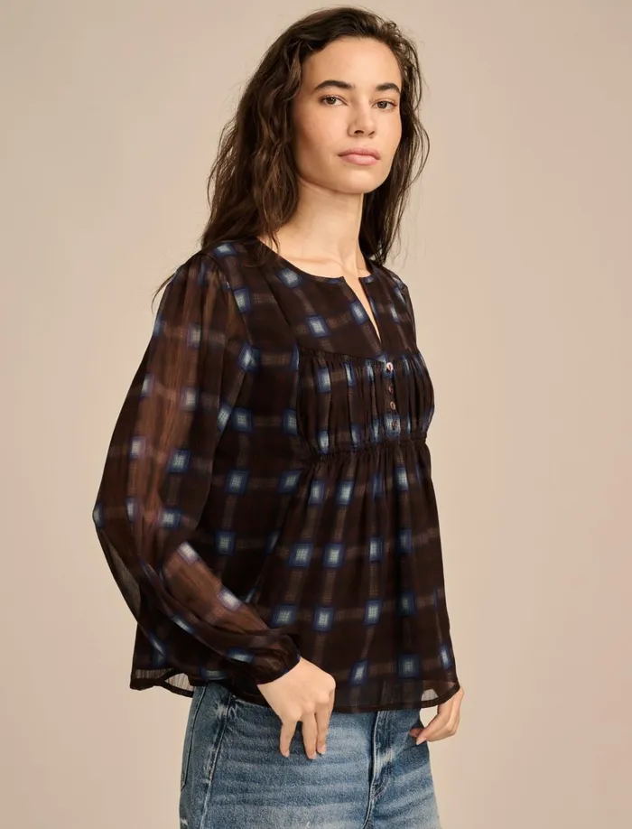 Smocked Long Sleeve Top Brown Plaid Women Lucky Brand Blouses