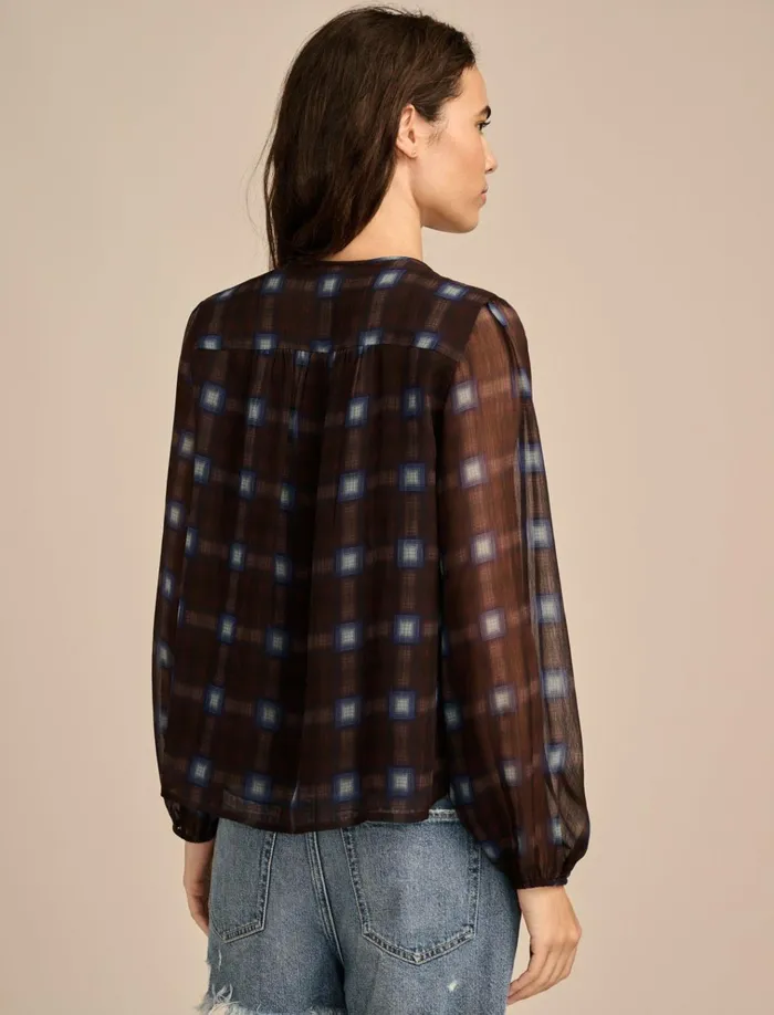 Smocked Long Sleeve Top Brown Plaid Women Lucky Brand Blouses