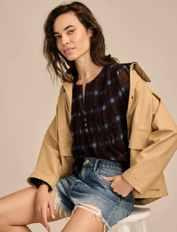 Smocked Long Sleeve Top Brown Plaid Women Lucky Brand Blouses