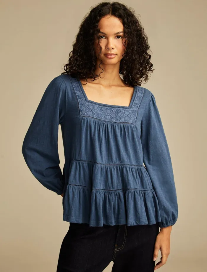 Square Neck Embroidered Peasant Top Mood Indigo Women Lucky Brand Knit Tops