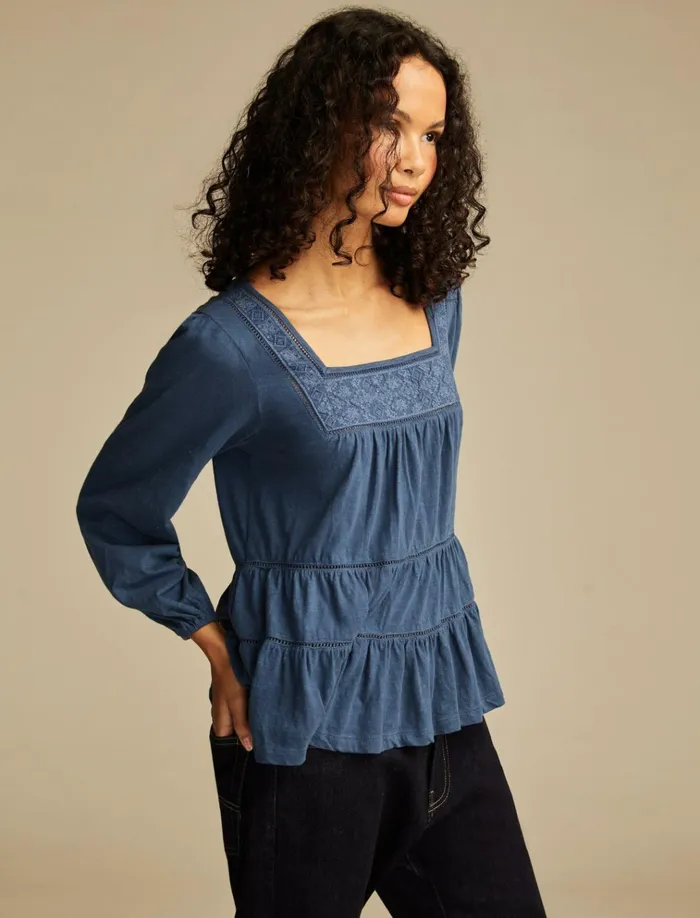Square Neck Embroidered Peasant Top Mood Indigo Women Lucky Brand Knit Tops