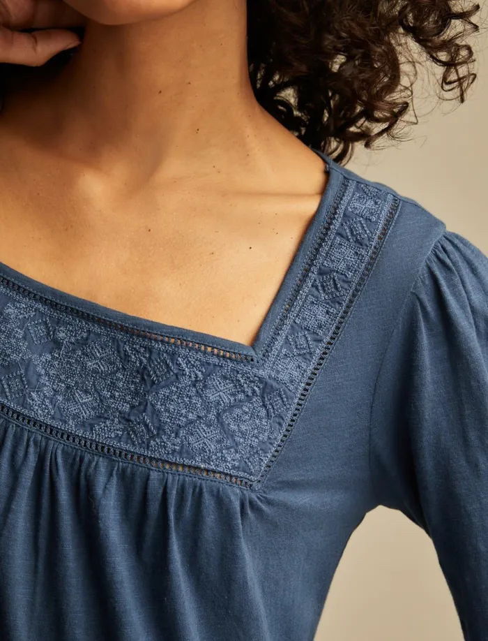 Square Neck Embroidered Peasant Top Mood Indigo Women Lucky Brand Knit Tops