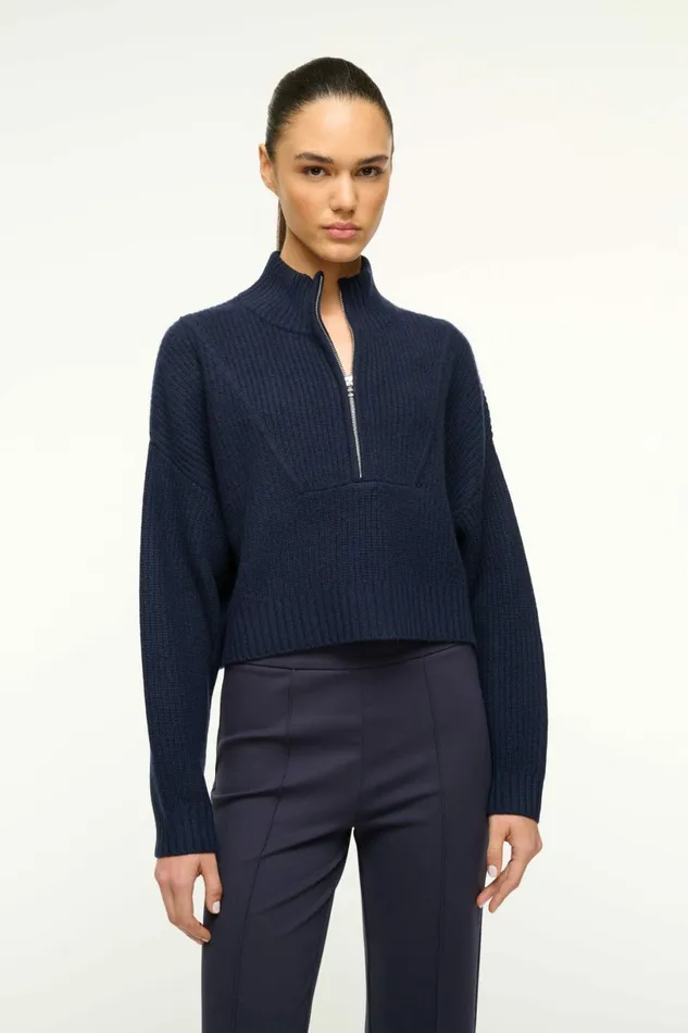 STAUD CASHMERE CROPPED HAMPTON SWEATER Navy Women Sweaters
