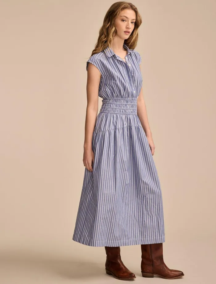 Stripe Smocked Dropped Waist Midi Dress Blue Stripe Women Lucky Brand Dresses